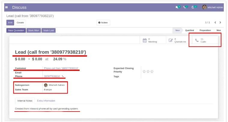 Створення ліда з дзвінка в інтеграції Binotel і Odoo, Unitsoft