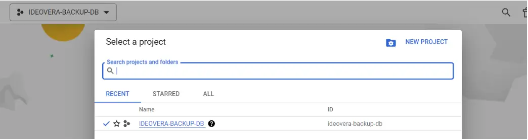 Вибір проекту Google Cloud для інтеграції та резервного копіювання