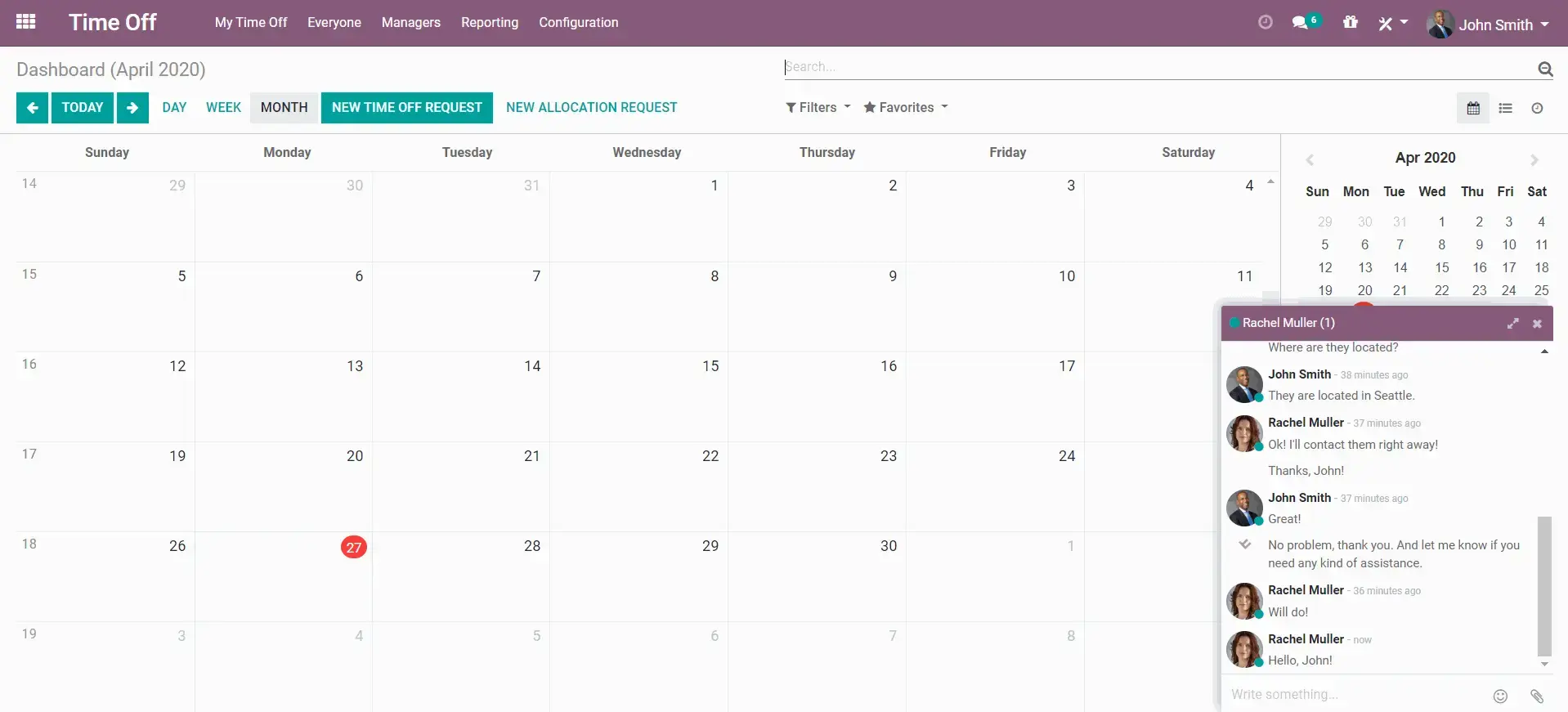 Odoo Time Off: календар відпусток та управління відсутностями співробітників