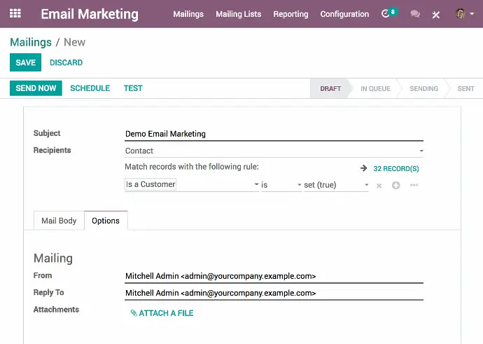 Odoo email кампанія налаштування