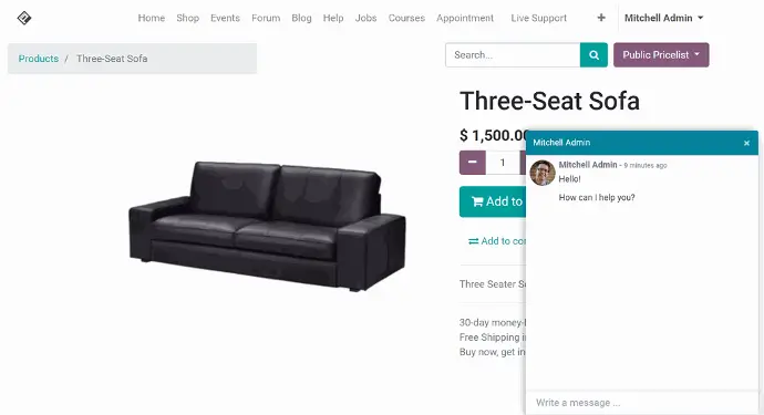 Odoo eCommerce — сторінка товару диван з онлайн чатом підтримки